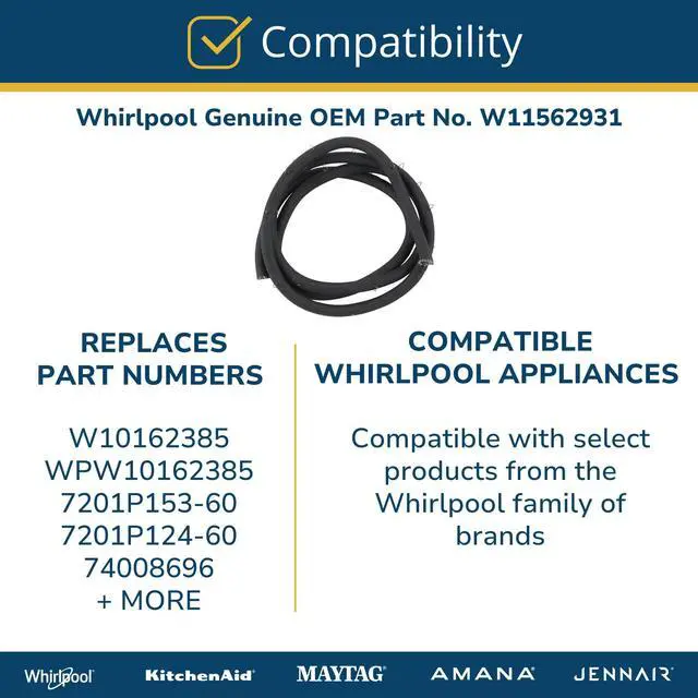 Alt view image 3 of 5 - Whirlpool W11562931 Genuine OEM Electric Range Oven Door Gasket Replacement Part - Replaces W10162385, WPW10162385, 7201P153-60, 7201P124-60, 74008696, and W11491752