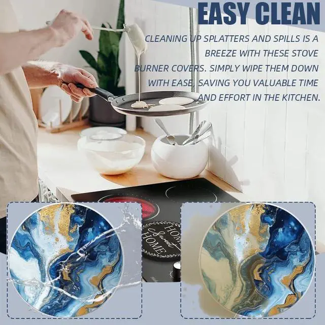 Alt view image 3 of 7 - Round Stovetop Covers Electric Stove Cooktop, Blue Marble Texture with Golden Streaks Decorative Kitchen Decor Stove Burner Covers Set of 4, 8 Inches and 10 Inches