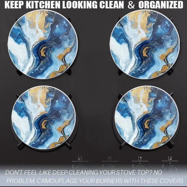 Alt view image 4 of 7 - Round Stovetop Covers Electric Stove Cooktop, Blue Marble Texture with Golden Streaks Decorative Kitchen Decor Stove Burner Covers Set of 4, 8 Inches and 10 Inches