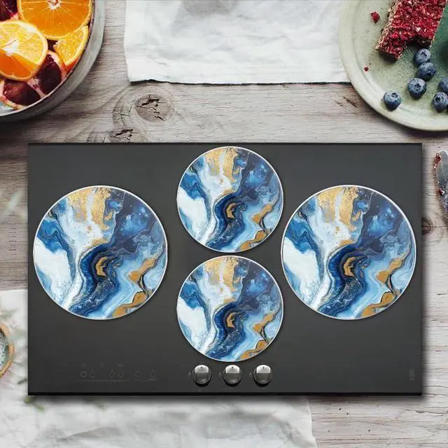 Alt view image 6 of 7 - Round Stovetop Covers Electric Stove Cooktop, Blue Marble Texture with Golden Streaks Decorative Kitchen Decor Stove Burner Covers Set of 4, 8 Inches and 10 Inches