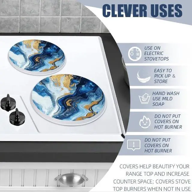 Alt view image 5 of 7 - Round Stovetop Covers Electric Stove Cooktop, Blue Marble Texture with Golden Streaks Decorative Kitchen Decor Stove Burner Covers Set of 4, 8 Inches and 10 Inches