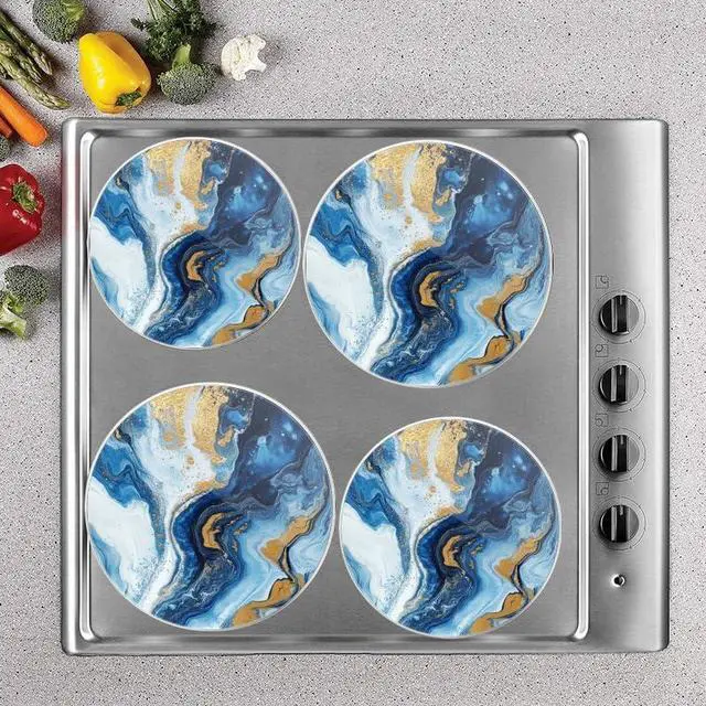 Alt view image 7 of 7 - Round Stovetop Covers Electric Stove Cooktop, Blue Marble Texture with Golden Streaks Decorative Kitchen Decor Stove Burner Covers Set of 4, 8 Inches and 10 Inches