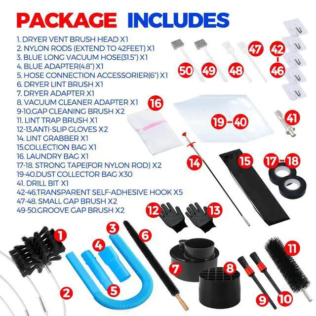 Alt view image 6 of 7 - 42FT Dryer Vent Cleaner Kit 50Pcs - Lint Remover Brush Vacuum Tools | Dryer Vent Brush Kit, Omnidirectional Lint Vacuum Attachment & Lint Trap Brush Clean Hard-to-Reach Areas, Remove Hidden Lint