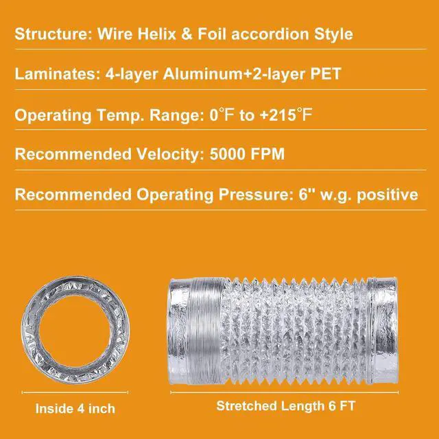 Alt view image 3 of 6 - Heavy Duty 4"Flexible Dryer Vent Exhaust Duct Hose 6 Feet | Tool-Free, Extra Thick Aluminum Foil HVAC Ducting Kit with 2 Key Hose Clamps
