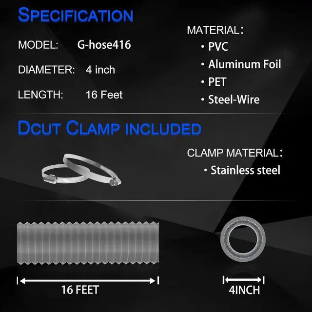 Alt view image 3 of 6 - 4 Inch 16FT Dryer Vent Hose,Flexible Insulated Air Ducting,Vent Hose PVC Aluminum Foil with 2 Clamps for HVAC Ventilation(Grey)