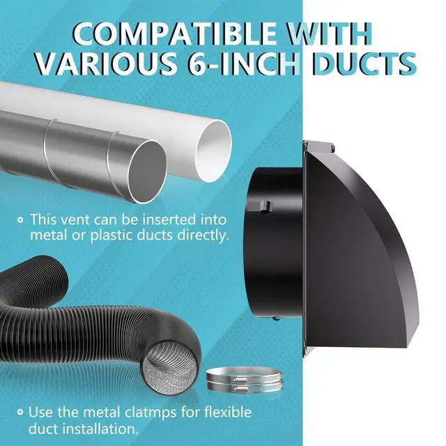 Alt view image 6 of 7 - 6 Inch Dryer Vent Cover Outside with Removable Screen, Black | Metal Exhaust Wall Vent, Cushioned Non-Return Flap, Easy to Clean, Ideal for House, Range Hood, AC, Opening Diameter: 5.7"