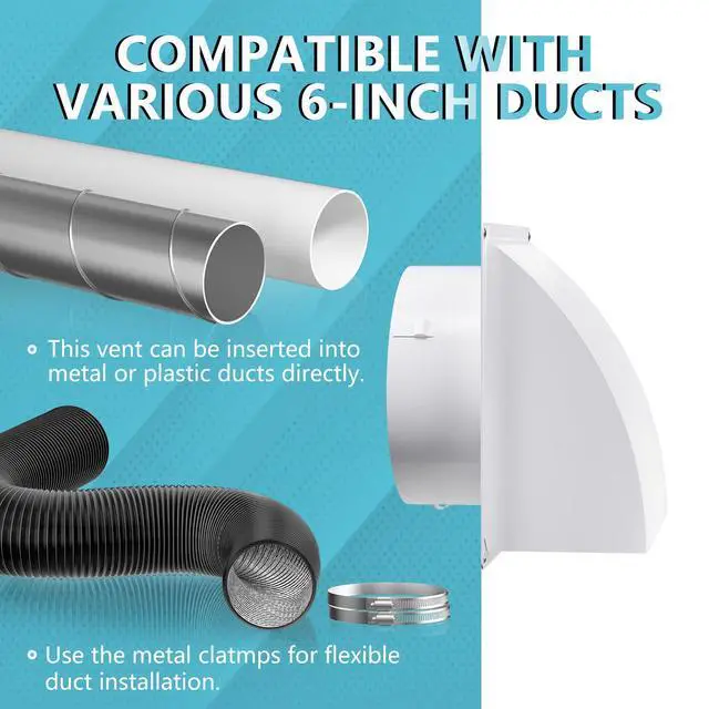 Alt view image 6 of 7 - 6 Inch Dryer Vent Cover Outside with Removable Screen, White | Metal Exhaust Wall Vent, Cushioned Non-Return Flap, Easy to Clean, Ideal for House, Range Hood, AC, Opening Diameter: 5.7"