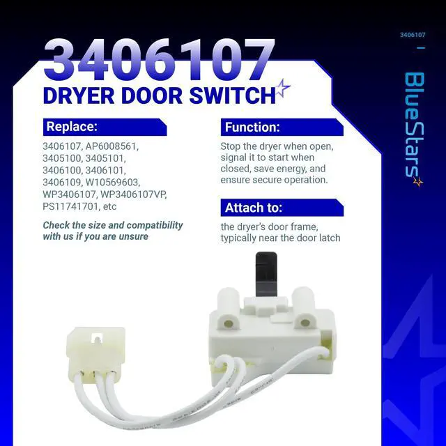 Alt view image 4 of 7 - WP3406107 3406107 Dryer Door Switch for Whirlpool Maytag Kenmore | Replaces 3406109 3405100 3405101 3406100 AED4475TQ1 MEDC400VW0, Dryers Series 60/70/ 80/90/ 500/600/ 700/800 - Pack of 6