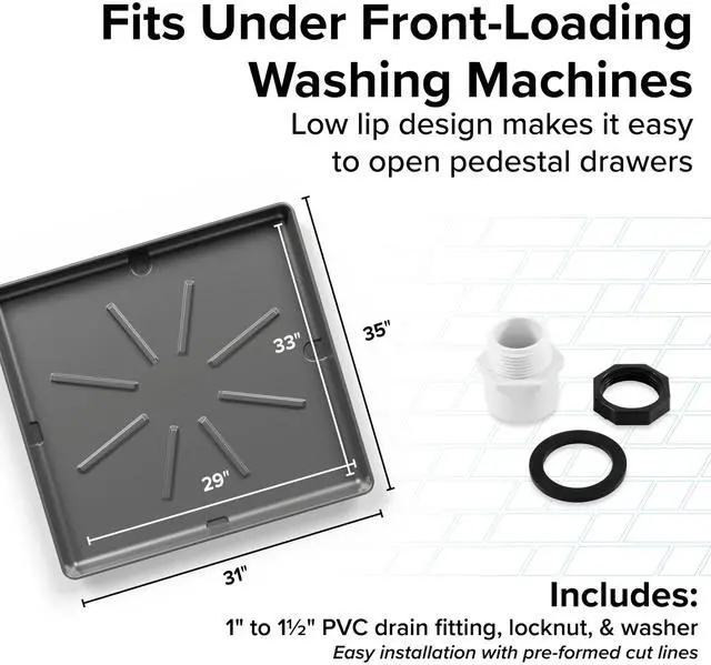 Alt view image 2 of 7 - Low Profile Washing Machine Drain Pan w/PVC Fitting - Made in USA | 29 inch x 33 inch ID and 31 inch x 35 inch OD - Protects Your Floors from Washing Machine Leaks - Easy to Use -Pewter (20788)