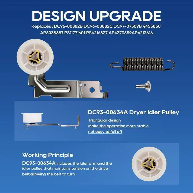 Alt view image 4 of 7 - Dryer Repair Kit for LG, 4581EL2002C Rollers, Belt and Pulley | Includes four rollers, 4400EL2001A belt, 4561EL3002A pulley assembly and tension spring for select LG and Kenmore dryers