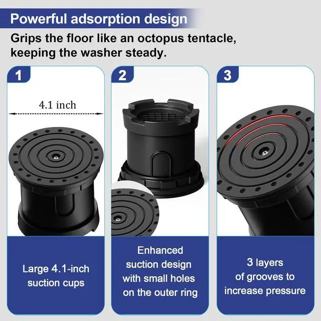 Alt view image 4 of 7 - 4Pcs Anti Vibration Pads for Washing Machine, Adjustable Height Stops Washer Dryer Moving, Prevents Noise, Vibration Transfer, Antivibration Stabilizer Support Feet with Suction Cup Bottom (Grey)