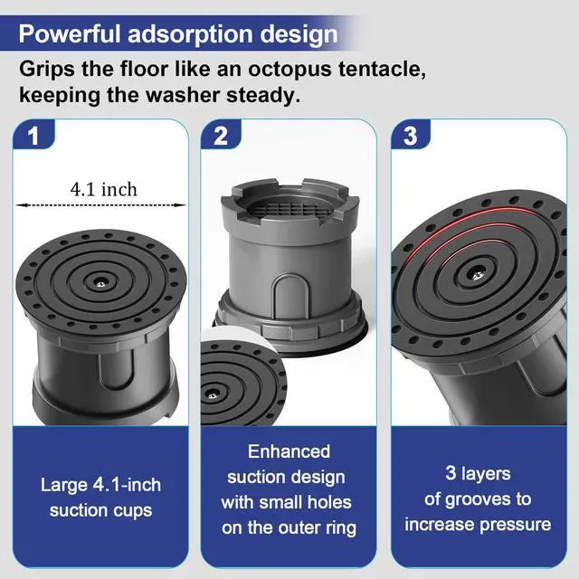 Alt view image 4 of 7 - 4Pcs Anti Vibration Pads for Washing Machine, Adjustable Height Stops Washer Dryer Moving, Prevents Noise, Vibration Transfer, Antivibration Stabilizer Support Feet with Suction Cup Bottom (Grey)