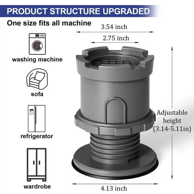 Alt view image 2 of 7 - 4Pcs Anti Vibration Pads for Washing Machine, Adjustable Height Stops Washer Dryer Moving, Prevents Noise, Vibration Transfer, Antivibration Stabilizer Support Feet with Suction Cup Bottom (Grey)