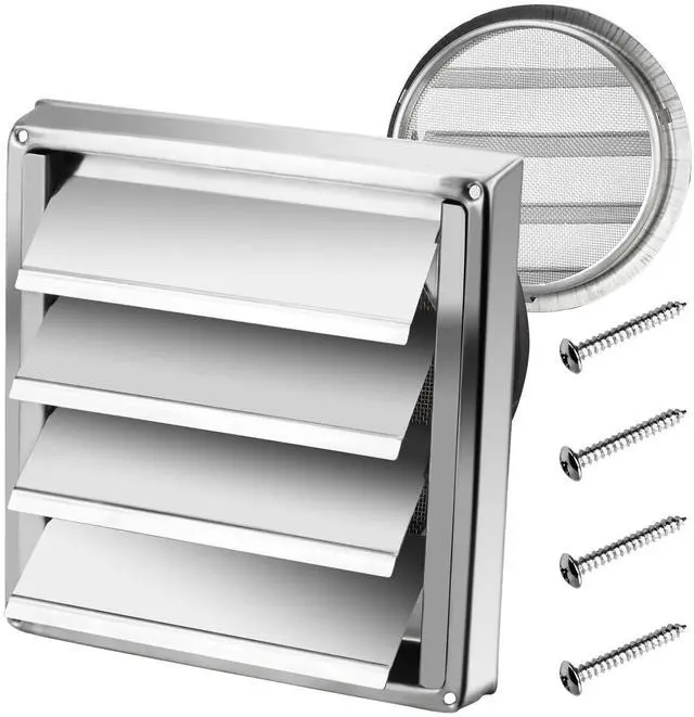 Main image of 6" Metal Outdoor Dryer Vent Cover Louvered with Screen for Exterior Wall | Durable 7"x7" Face, with 4 Screws, fits 6" Dryer Exhaust Pipe, Outside Metal Stainless Steel, Weather & UV-Resistant, Silver