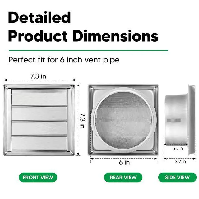 Alt view image 2 of 6 - 6" Metal Outdoor Dryer Vent Cover Louvered with Screen for Exterior Wall | Durable 7"x7" Face, with 4 Screws, fits 6" Dryer Exhaust Pipe, Outside Metal Stainless Steel, Weather & UV-Resistant, Silver