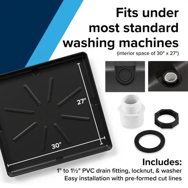 Alt view image 2 of 6 - Washing Machine Drain Pan - Features a Durable Plastic Construction, 1-inch/1.5-inch PVC Drain Fitting, and Measures 30-inches (L) x 32-inches (W) x 2 ½-inches (H) (OD) (20750)