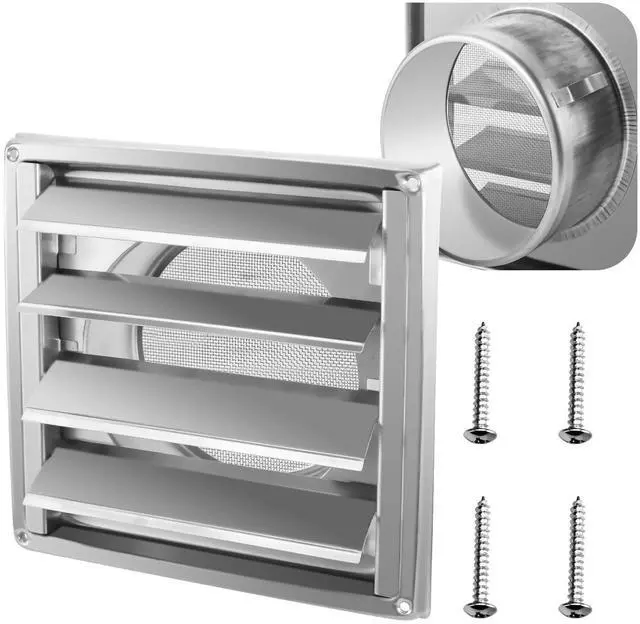 Main image of 5" Metal Outdoor Dryer Vent Cover Louvered with Screen for Exterior Wall | Durable 7"x7" Face, with 4 Screws, fits 5" Dryer Exhaust Pipe, Outside Metal Stainless Steel, Weather & UV-Resistant, Silver