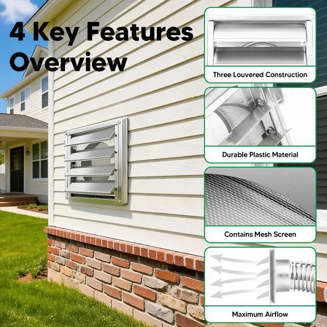 Alt view image 3 of 6 - 4" Metal Outdoor Dryer Vent Cover Louvered with Screen for Exterior Wall | Durable 7"x7" Face, with 4 Screws, fits 4" Dryer Exhaust Pipe, Outside Metal Stainless Steel, Weather & UV-Resistant, Silver