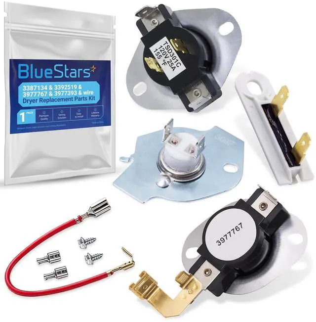 Main image of 3387134 Cycling Thermostat 3392519 Dryer Thermal Fuse 3977393 Thermal Cut-off Switch 3977767 High-limit and Wire Thermostat Kit - Compatible with Whirlpool Kenmore Maytag Dryers
