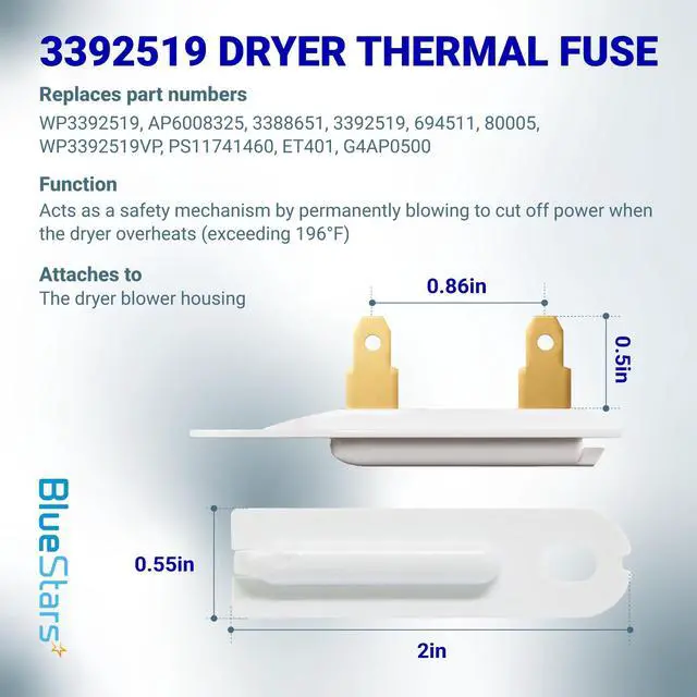 Alt view image 3 of 7 - 3387134 Cycling Thermostat 3392519 Dryer Thermal Fuse 3977393 Thermal Cut-off Switch 3977767 High-limit and Wire Thermostat Kit - Compatible with Whirlpool Kenmore Maytag Dryers