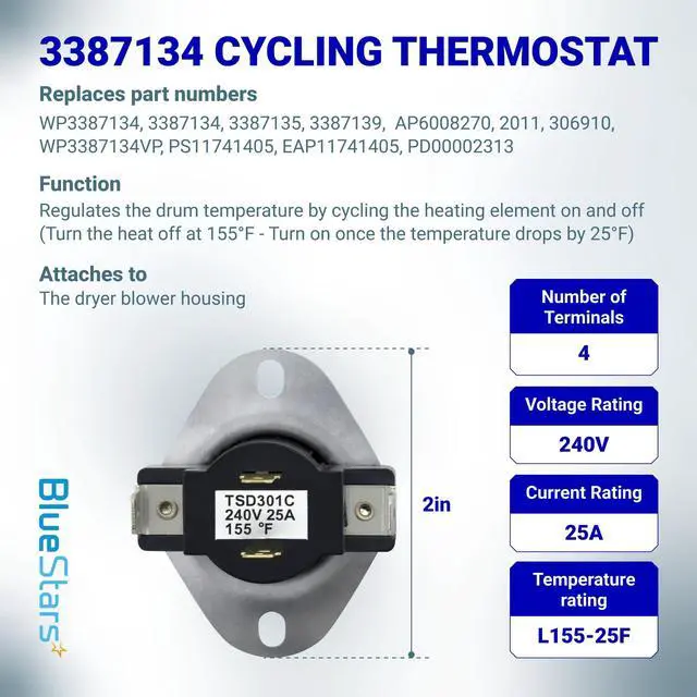 Alt view image 2 of 7 - 3387134 Cycling Thermostat 3392519 Dryer Thermal Fuse 3977393 Thermal Cut-off Switch 3977767 High-limit and Wire Thermostat Kit - Compatible with Whirlpool Kenmore Maytag Dryers