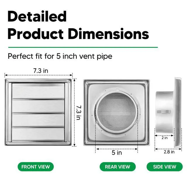 Alt view image 2 of 7 - 5" Metal Outdoor Dryer Vent Cover Louvered with Screen for Exterior Wall | Durable 7"x7" Face, with 4 Screws, fits 5" Dryer Exhaust Pipe, Outside Metal Stainless Steel, Weather & UV-Resistant, Silver