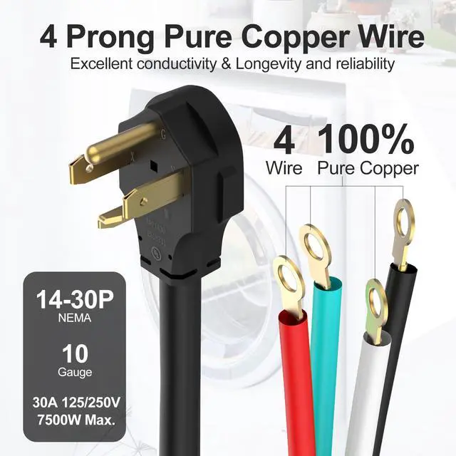 Alt view image 2 of 6 - 4 Prong Dryer Cord, 10FT 30A 10AWG, NEMA 14-30P, ETL Listed 125/250V | 125/250V 10 Gauge appliance power cord uses 4 wires with O-ring terminals and pure copper conductors for dryer hookups