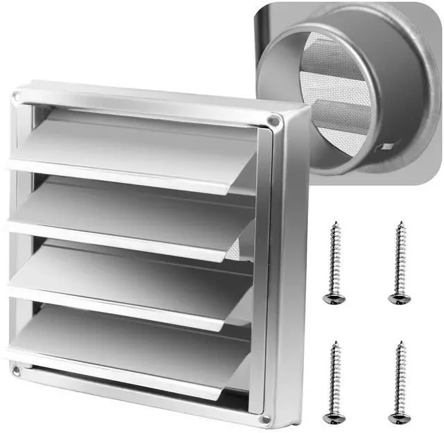 Main image of 4" Metal Outdoor Dryer Vent Cover Louvered with Screen for Exterior Wall | Durable 7"x7" Face, with 4 Screws, fits 4" Dryer Exhaust Pipe, Outside Metal Stainless Steel, Weather & UV-Resistant, Silver