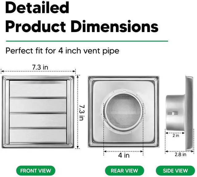 Alt view image 2 of 6 - 4" Metal Outdoor Dryer Vent Cover Louvered with Screen for Exterior Wall | Durable 7"x7" Face, with 4 Screws, fits 4" Dryer Exhaust Pipe, Outside Metal Stainless Steel, Weather & UV-Resistant, Silver