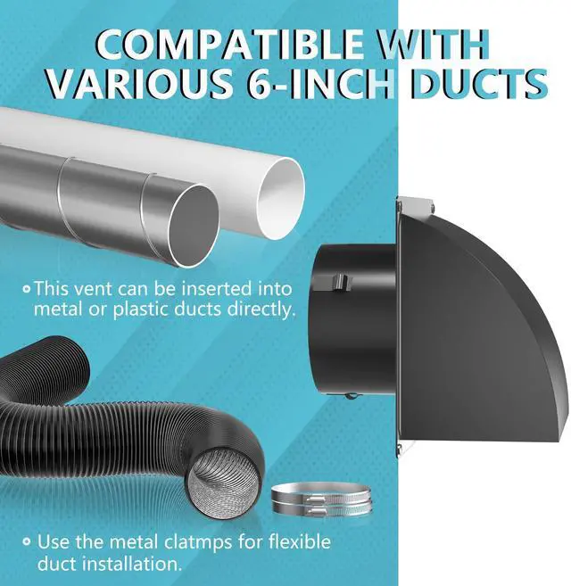 Alt view image 6 of 7 - 5 Inch Dryer Wall Vent Cover, Metal Wall Vent Cap Outside with Removable Screen & Cushioned Non-Return Flap for Home Wall, Air Condition, Range Hoods, Kitchen (Black)