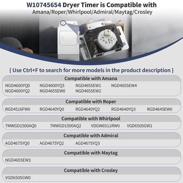 Alt view image 4 of 7 - W10745654 W10857611 W10436306 Dryer Timer Compatible with Whirlpool Dryer | Compatible with Roper Maytag Amana Dryer Timer NGD4655EW1 NGD4655EW2 RGD4516FW0, WPW10436306 Replacement 162-719-1 AP5999276