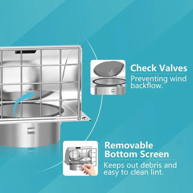 Alt view image 4 of 7 - 4 Inch Dryer Vent Cover Outside, Exterior Vent Cover with Removable Screen & Cushioned Non-Return Flap, Stainless Steel Air Wall Vent for House, Range Hood, AC, Opening Diameter: 3.81" Silver