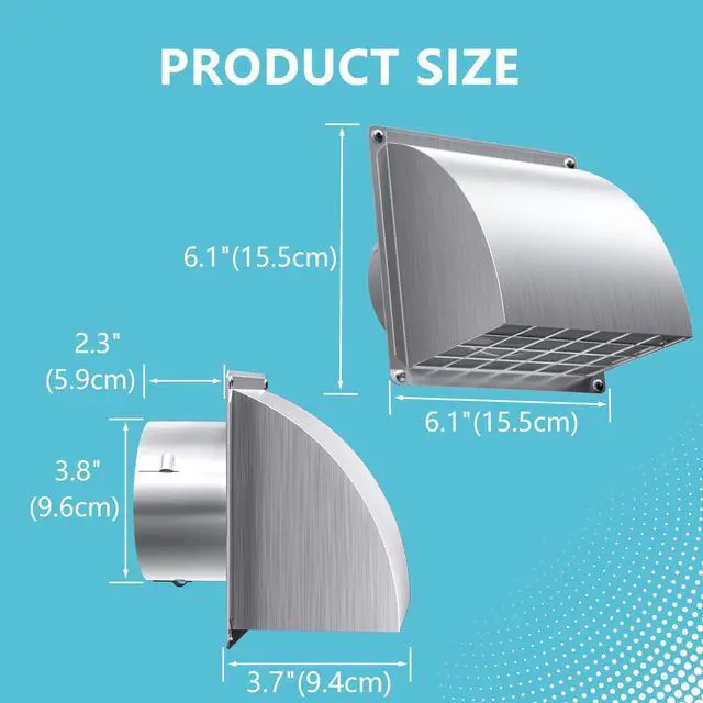 Alt view image 5 of 7 - 4 Inch Dryer Vent Cover Outside, Exterior Vent Cover with Removable Screen & Cushioned Non-Return Flap, Stainless Steel Air Wall Vent for House, Range Hood, AC, Opening Diameter: 3.81" Silver
