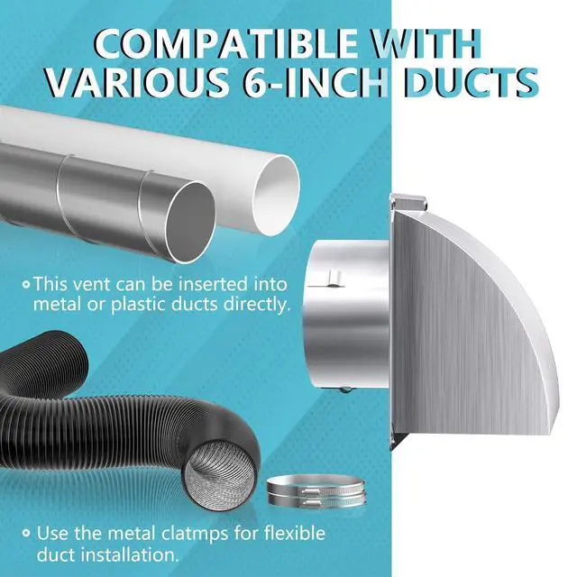 Alt view image 6 of 7 - 4 Inch Dryer Vent Cover Outside, Exterior Vent Cover with Removable Screen & Cushioned Non-Return Flap, Stainless Steel Air Wall Vent for House, Range Hood, AC, Opening Diameter: 3.81" Silver
