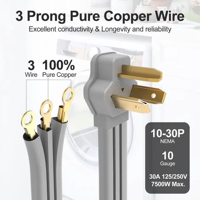 Alt view image 2 of 6 - 3 Prong Dryer Cord, 10FT 30A Pure Copper, NEMA 10-30P, ETL Listed | 125/250V 10 Gauge appliance power cord uses 3 wires with O-ring terminals and pure copper conductors for dryer hookups