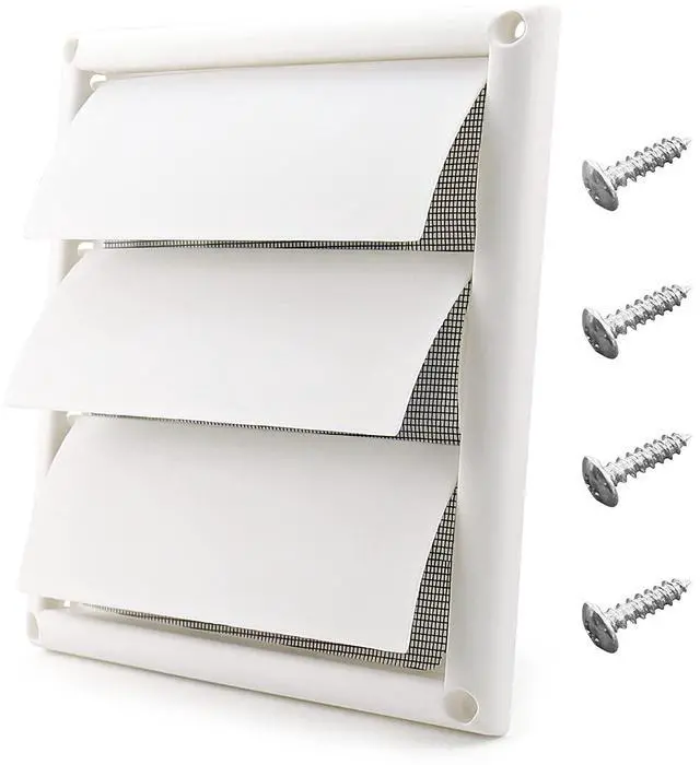 Main image of 6 Inch Outdoor Dryer Vent Cover Louvered with Screen for Exterior Wall | Durable 8"x8" Face, with 4 Screws, for 6" Dryer Exhaust Pipe Vent Hood Outlet Airflow, Weather & UV-Resistant, Plastic, White