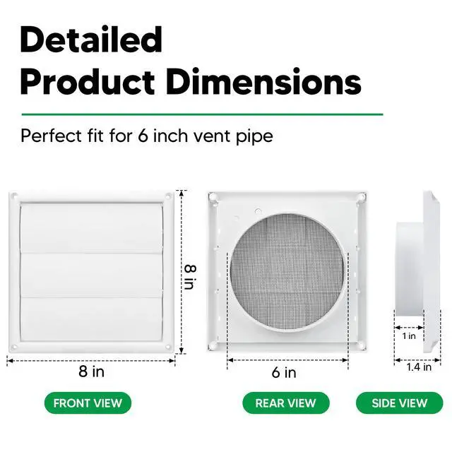 Alt view image 2 of 6 - 6 Inch Outdoor Dryer Vent Cover Louvered with Screen for Exterior Wall | Durable 8"x8" Face, with 4 Screws, for 6" Dryer Exhaust Pipe Vent Hood Outlet Airflow, Weather & UV-Resistant, Plastic, White