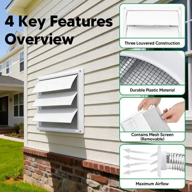 Alt view image 3 of 6 - 6 Inch Outdoor Dryer Vent Cover Louvered with Screen for Exterior Wall | Durable 8"x8" Face, with 4 Screws, for 6" Dryer Exhaust Pipe Vent Hood Outlet Airflow, Weather & UV-Resistant, Plastic, White