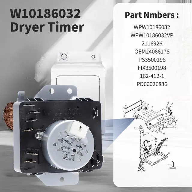 Alt view image 3 of 7 - W10186032 WPW10186032 Dryer Timer Compatible with Kenmore Dryer Timer | 7MKGDS400DW0 11075102311 11065132411 110C65132411 110C72442511 11062342510, Replacement WPW10186032VP 162-412-1, 120VAC 60Hz
