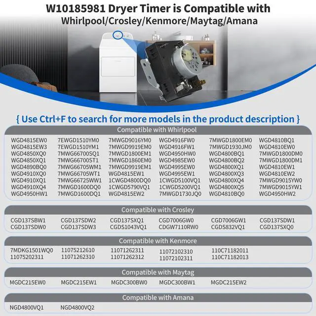 Alt view image 4 of 7 - WGD4815EW2 MGDC215EW2 MGDC300BW1 WGD4800XQ4 W10185981 Dryer Timer | Compatible with Kenmore Maytag Whirlpool Dryer Timer WGD4800BQ2 115VAC, WPW10185981 Replacement 418-095-20-B5 W10185981 E