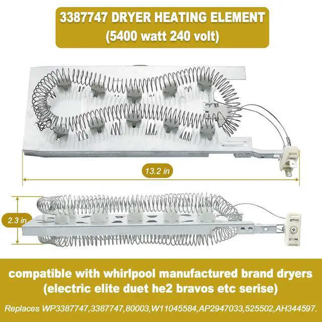 Alt view image 3 of 6 - WP3387747 3387747 Dryer Heating Element Kit-Compatible With Whirlpool Cabrio Kenmore He2 Kenmore Elite He3 Maytag Dryers- GEW9250PW0 GEQ9800PW1 WD05X30818 GEQ9800PW2 GEQ9800PW1 MEDB835DW4 by