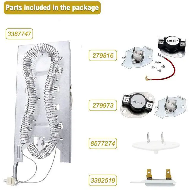 Alt view image 4 of 6 - WP3387747 3387747 Dryer Heating Element Kit-Compatible With Whirlpool Cabrio Kenmore He2 Kenmore Elite He3 Maytag Dryers- GEW9250PW0 GEQ9800PW1 WD05X30818 GEQ9800PW2 GEQ9800PW1 MEDB835DW4 by