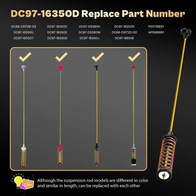 Alt view image 4 of 6 - Washer Suspension Rods for Samsung WA50T5300AC/US WA50R5400AV/US | Fits WA45T3400AW/A4 WA50R5200AW/US WA45N3050AW/A4 - Replaces DC68-03172B-03 DC68-03172C DC97-16350D Suspension Rods