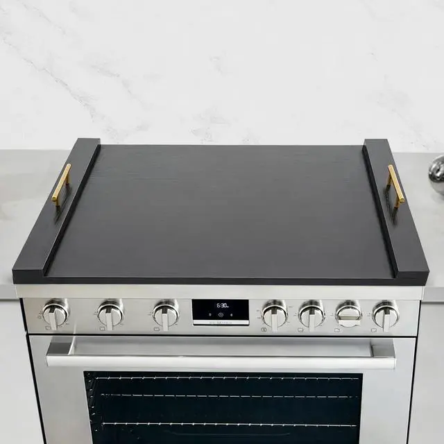 Main image of Black Noodle Board Stove Cover, Wooden Gas Electric Stove Top Cover | 29.5 x 22 x 2.4 in Rectangular, Black Paint-Free Panel, Two Removable Handles, Concise Style, 44.09 lbs Capacity
