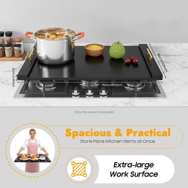 Alt view image 2 of 7 - Black Noodle Board Stove Cover, Wooden Gas Electric Stove Top Cover | 29.5 x 22 x 2.4 in Rectangular, Black Paint-Free Panel, Two Removable Handles, Concise Style, 44.09 lbs Capacity
