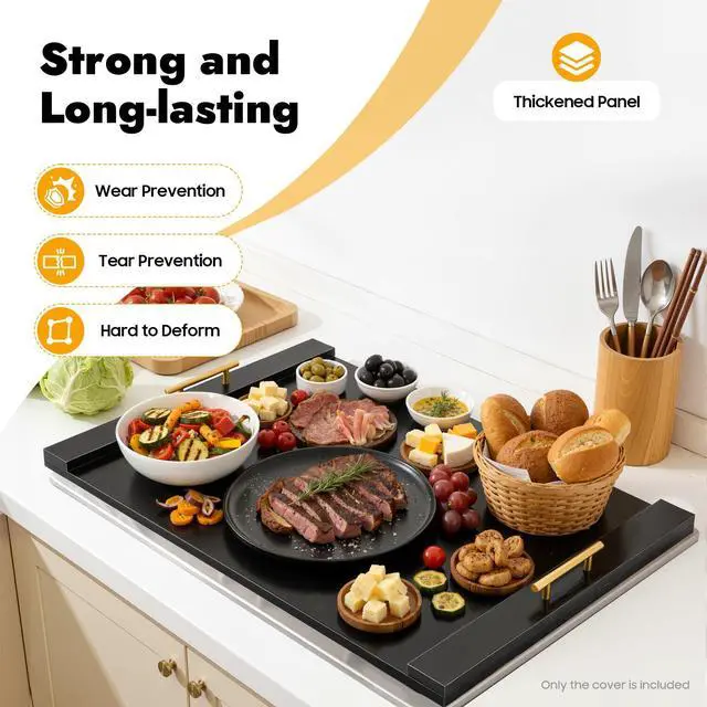 Alt view image 4 of 7 - Black Noodle Board Stove Cover, Wooden Gas Electric Stove Top Cover | 29.5 x 22 x 2.4 in Rectangular, Black Paint-Free Panel, Two Removable Handles, Concise Style, 44.09 lbs Capacity