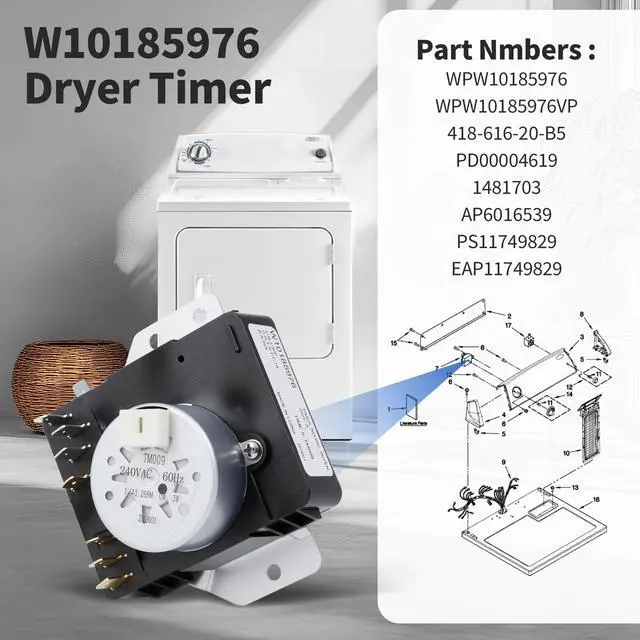 Alt view image 2 of 7 - W10185976 WPW10185976 Dryer Timer Compatible with Whirlpool Kenmore Dryer | Replacement 11060022010 1106062110 1106072010 11061402311 11069432801 WED4700YQ0, WPW10185976VP Replace 418-616-20-B5