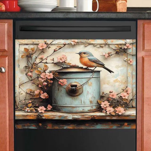 Alt view image 4 of 7 - Dishwasher Magnet Cover Decorative Pink Peach and Bird Dishwasher Cover Spring Magnetic Dishwasher Door Cover Kitchen Dishwasher Panel Magnet Decal 23Wx17H Inches