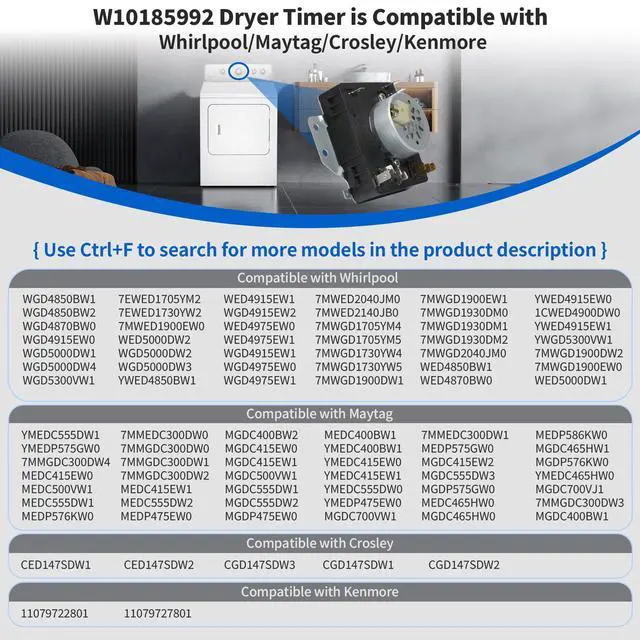 Alt view image 4 of 7 - MEDC465HW0 WED5000DW2 WGD5000DW3 MGDC465HW0 W10185992 Dryer Timer | Compatible with Whirlpool Crosley Kenmore Maytag Dryer Timer WGD4850BW2 115VAC 60Hz, Replacement 418-095-20-B5 AP6016542