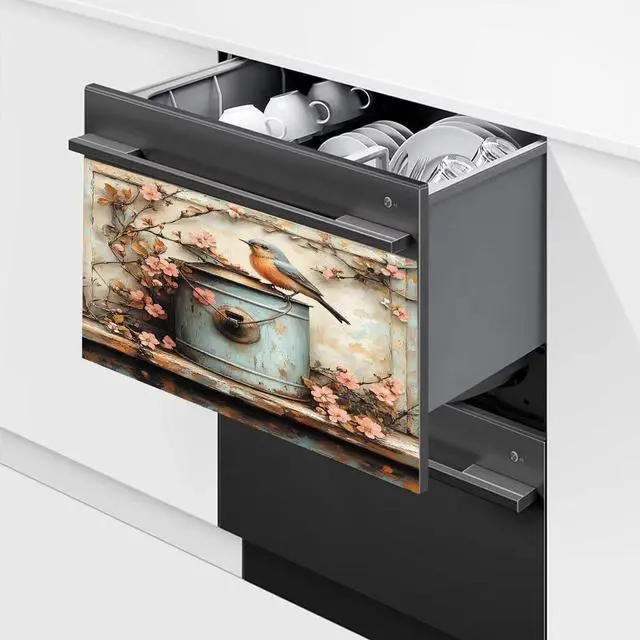 Alt view image 5 of 7 - Dishwasher Magnet Cover Decorative Pink Peach and Bird Dishwasher Cover Spring Magnetic Dishwasher Door Cover Kitchen Dishwasher Panel Magnet Decal 23Wx17H Inches